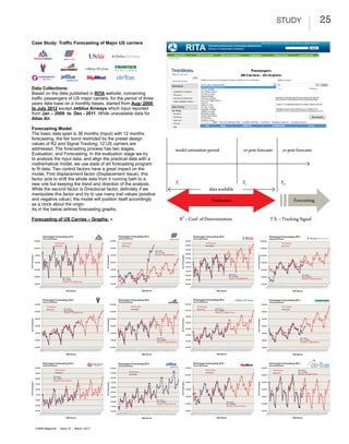 25study
R2
=Coef.ofDetermination T.S.=TrackingSignal
ForecastingEvaluation
dataavailable
modelestimationperiod expostforecasts
Y1 Yn YN
expostforecasts
Case Study: Traffic Forecasting of Major US carriers
Data Collections:
Based on the data published in RITA website, concerning
traffic passengers of US major carriers, for the period of three
years data base on a monthly bases, started from Aug- 2009
to July 2012 except Jetblue Airways which input reported
from Jan – 2009 to Dec - 2011. While unavailable data for
Atlas Air.
.
Forecasting Model:
The basic data span is 36 months (Input) with 12 months
forecasting, the fair bond restricted by the preset design
values of R2 and Signal Tracking. 12 US carriers are
addressed. The forecasting process has two stages,
Evaluation, and Forecasting. In the evaluation stage we try
to analysis the input data, and align the practical data with a
mathematical model, we use state of art forecasting program
to fit data. Two control factors have a great impact on the
model, First displacement factor (Displacement Issue), this
factor acts to shift the whole data from it running bath to a
new one but keeping the trend and direction of the analysis.
While the second factor is Directional factor, definitely if we
manipulate this factor and try to use many trail values (positive
and negative value), the model will position itself accordingly
as a clock about the origin.
As in the below airlines forecasting graphs.
Forecasting of US Carries – Graphs:8
CAMA Magazine | issue 18 | March, 2013
 
