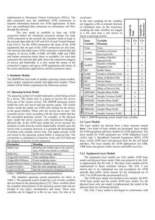 implemented as Permanent Virtual Connections (PVCs). The              occurrence.
data connection uses the established ATM connections to               In the time sampling all the variables
transmit information between two ATM applications. If there           are logged to a file in constant intervals




                                                                                                                                                    Occurrence
                                                                                                                                       Sample by



                                                                                                                                                    Sample by
isn’t any established data connection no information will flow        of simulation time. In the occurrence
through the network.                                                  sampling the state variables are logged




                                                                                                                                       Time
         The user needs to establish at least one ATM                 to a file each time a cell arrives or
connection before the simulation execution startup. For each          leaves a queueing system.
ATM connection in the network the simulator needs to keep in
the network data table the VPI and VCI of each Virtual Channel                                  State      Variable               File       File   File
Link (VCL). For the ATM connections the name of the ATM                                         Variable   Meaning                 1          2      3
equipments that are part of the ATM connection are also kept.                                   Time   Time                        x                   x
The network data table stores ATM connection’s bandwidth and                                           Number of System
category of service (CBR, rt-VBR, nrt-VBR, ABR and UBR)                                         NoSRC                              x                   x
                                                                                                       Received Cells
and instant connection status (busy or available). For each data                                       Number of Buffer
connection the network data table stores the connection category                                NoBQC                              x                   x
                                                                                                       Queued Cells




                                                                      Instantaneous Variables
of service and bandwidth. It is also stored the names of the                                           Number of Buffer
connection’s ingress and egress ATM equipments, the names of                                    NoBDC                              x                   x
                                                                                                       Dropped Cells
the source and destiny applications, and the connection status.
                                                                                                BS     Buffer Status               x                   x
                                                                                                NoBC   Number of Buffer Cells      x                   x
3. Simulator Models
                                                                                                DoBC   Delay of Buffer Cells       x                   x
The SimATM has four kinds of models: queueing system models,
layer models, equipment models and application models. These                                    SS     Server Status               x                   x
models will be further explained in the following sections.                                     NoSC   Number of Server Cells      x                   x
                                                                                                DoSC   Delay of Server Cells       x                   x
3.1 Queueing System Model                                                                       SMNoBC Sample Mean NoBC                        x
The queueing system [13] model represents a client being served                                 SVNoBC     Sample Variance NoBC                x
                                                                      Mean Variables




by a server. The clients wait in a queue to receive the service
from one of the system servers. The SimATM queueing system                                      SMDoBC Sample Mean DoBC                        x
model has only one server and one priority queue. The system                                    SVDoBC     Sample Variance DoBC                x
clients, inside the model, are ATM cells waiting for the service                                SMNoSC     Sample Mean NoSC                    x
in the queue (buffer). These cells are served one at once. The
executed service varies according with the layer model that has          SVNoSC Sample Variance NoSC                   x
the associated queueing system. For example, in the physical          Table 2: SimATM queueing system model state variables.
layer model the server executes cells transmission through a
physical link. In the ATM layer model the server executes the         3.2 Layer Models
remotion of cells from the switch output buffer. In both cases the    The layer models are derived from a basic structure named
service time is constant, however, it is possible the development     layer. Two kinds of layer models are developed: layer models
of models with variable service time. The higher priority ATM         for ATM equipment and layer models for ATM application. The
cell stored in the queueing system buffer is removed first. The       layer models for ATM equipment are: ATM Adaptation Layer
cell priority is calculated as a function of the cell CLP field and   (AAL) type 5, Broadband Terminal Equipment (BTE) ATM
the category of service of cell connection.                           layer, switch ATM layer and physical layer for the cell based
Parameter                 Meaning                                     interface. The layer models for ATM applications are CBR,
BufferType                Identifies the buffer type to be used to    VBR batch, and generic traffic sources and traffic receivers.
                          store ATM cells (finite or infinite).
BufferSize                Buffer cell storage capacity.               3.2.1 Equipment Layer Models
TriggerByTimeStatus Time sampling status.                                  The equipment layer models are AAL model, ATM layer
TriggerByCellStatus       Event sampling status.                      model and physical layer model. Only one protocol to the AAL
SampleStatisticsStatus Statistics sample status.                      is implemented, that for AAL 5. The other AALs models will be
LogEveryXSecs             Sets the time sampling interval.            implemented in future simulator releases. The AAL 5 was
LogEveryXCells            Sets the occurrence-sampling interval.      chosen due to its widespread use and acceptation for ATM
Table 1: SimATM queueing system model parameters.                     network data traffic. Some reasons for the widespread use of
                                                                      AAL 5 in ATM networks are presented in [3].
     The simulator queueing system parameters are show in                  The ATM layer model was divided in two models: the BTE
Table 1. The queueing system model has a set of state variables       ATM layer model and the switch ATM layer model. For the
that are based in the queueing theory [13]. These variables allow     physical layer only one model is implemented, the model of the
the complete determination of the queueing system state and are       physical layer for cell based interface.
divided in two types: instantaneous and mean. These state                  The AAL 5 layer model is developed in conformance with
variables can be logged to a file in two ways: by time or by
 