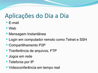 Aplicações do Dia a Dia E-mail Web Mensagem Instantânea Login em computador remoto como Telnet e SSH Compartilhamento P2P Tranferência de arquivos, FTP Jogos em rede Telefonia por IP Videoconferência em tempo real  