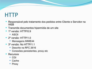 HTTP Responsável pelo tratamento dos pedidos entre Cliente e Servidor na WEB Transmite documentos hipermídia de um site 1º versão: HTTP/0.9 ASCII 2º versão: HTTP/1.0 Mensagens MIME44  3º versão: No HTTP/1.1 Descrito na RFC 2616 Conexões persistentes, proxy etc Recursos CGI Cache Proxy 