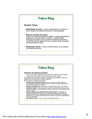 Token Ring

                        n   Quadro Token

                            q   Delimitador de início - avisa a chegada de um token ou
                                de um quadro de dadoscomandos, a cada estação.

                            q   Byte de controle de acesso
                                O byte de controle de acesso contém o campo prioridade e
                                reserva e um bit de token e monitor . O bit de token
                                distingue um token de um quadro de dadoscomandos e
                                um bit de monitor determina se um quadro está circulando
                                continuamente no anel.

                            q   Delimitador de fim - indica o final do token ou do quadro
                                de dadoscomandos.




                                                    Token Ring
                        n   Quadros de dadoscomandos
                            q   Variam no tamanho, dependendo do tamanho do campo de informações.
                            q   Transportam informações dos protocolos da camada superior.
                        n   Os quadros de comando contêm informações de controle e não têm
                            dados dos protocolos da camada superior.
                        n   Nos quadros de dadoscomandos,
                            q   Um byte de controle de quadro indica se o quadro contém dados ou
                                informações de controle. Nos quadros de controle, esse byte especifica o
                                tipo das informações de controle.
                            q   Campos de endereços - identificam as estações de origem e de destino.
                            q   Campo de dados - O tamanho desse campo é limitado pelo token do anel
                                que limita o tempo, assim definindo o tempo máximo que uma estação pode
                                manter o token.
                            q   Campo seqüência de verificação de quadros (FCS) - A estação de
                                origem preenche esse campo com um valor calculado que depende do
                                conteúdo do quadro. A estação de destino calcula novamente o valor para
                                determinar se o quadro foi danificado em trânsito. O quadro é descartado se
                                tiver sido danificado.
                            q   Delimitador de fim - conclui o quadro de dadoscomando.




                                                                                                              32
PDF created with FinePrint pdfFactory Pro trial version http://www.fineprint.com
 