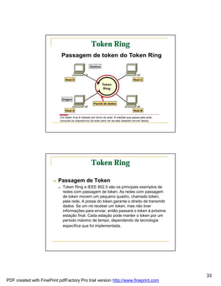 Token Ring




                                                Token Ring

                        n   Passagem de Token
                            q   Token Ring e IEEE 802.5 são os principais exemplos de
                                redes com passagem de token. As redes com passagem
                                de token movem um pequeno quadro, chamado token,
                                pela rede. A posse do token garante o direito de transmitir
                                dados. Se um nó receber um token, mas não tiver
                                informações para enviar, então passará o token à próxima
                                estação final. Cada estação pode manter o token por um
                                período máximo de tempo, dependendo da tecnologia
                                específica que foi implementada.




                                                                                              33
PDF created with FinePrint pdfFactory Pro trial version http://www.fineprint.com
 