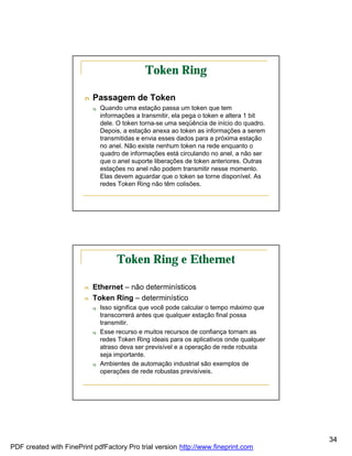 Token Ring

                        n   Passagem de Token
                            q   Quando uma estação passa um token que tem
                                informações a transmitir, ela pega o token e altera 1 bit
                                dele. O token torna-se uma seqüência de início do quadro.
                                Depois, a estação anexa ao token as informações a serem
                                transmitidas e envia esses dados para a próxima estação
                                no anel. Não existe nenhum token na rede enquanto o
                                quadro de informações está circulando no anel, a não ser
                                que o anel suporte liberações de token anteriores. Outras
                                estações no anel não podem transmitir nesse momento.
                                Elas devem aguardar que o token se torne disponível. As
                                redes Token Ring não têm colisões.




                                     Token Ring e Ethernet

                        n   Ethernet – não determinísticos
                        n   Token Ring – determinístico
                            q   Isso significa que você pode calcular o tempo máximo que
                                transcorrerá antes que qualquer estação final possa
                                transmitir.
                            q   Esse recurso e muitos recursos de confiança tornam as
                                redes Token Ring ideais para os aplicativos onde qualquer
                                atraso deva ser previsível e a operação de rede robusta
                                seja importante.
                            q   Ambientes de automação industrial são exemplos de
                                operações de rede robustas previsíveis.




                                                                                            34
PDF created with FinePrint pdfFactory Pro trial version http://www.fineprint.com
 