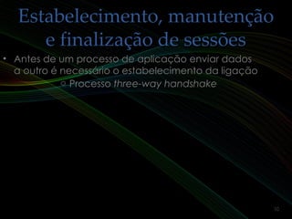 Estabelecimento, manutençãoEstabelecimento, manutenção
e finalização de sessõese finalização de sessões
• Antes de um processo de aplicação enviar dadosAntes de um processo de aplicação enviar dados
a outro é necessário o estabelecimento da ligaçãoa outro é necessário o estabelecimento da ligação
o Processo three-way handshake
10
 