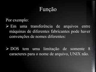 Função
Por exemplo:
 Em uma transferência de arquivos entre
máquinas de diferentes fabricantes pode haver
convenções de nomes diferentes:
 DOS tem uma limitação de somente 8
caracteres para o nome de arquivo, UNIX não.
 