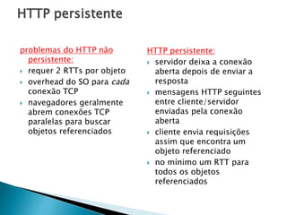 HTTP persistente
problemas do HTTP não
persistente:
 requer 2 RTTs por objeto
 overhead do SO para cada
conexão TCP
 navegadores geralmente
abrem conexões TCP
paralelas para buscar
objetos referenciados
HTTP persistente:
 servidor deixa a conexão
aberta depois de enviar a
resposta
 mensagens HTTP seguintes
entre cliente/servidor
enviadas pela conexão
aberta
 cliente envia requisições
assim que encontra um
objeto referenciado
 no mínimo um RTT para
todos os objetos
referenciados
 