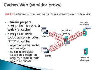 Caches Web (servidor proxy)
 usuário prepara
navegador: acessos à
Web via cache
 navegador envia
todas as requisições
HTTP ao cache
◦ objeto no cache: cache
retorna objeto
◦ ou cache requisita
objeto do servidor de
origem, depois retorna
objeto ao cliente
objetivo: satisfazer a requisição do cliente sem envolver servidor de origem
cliente
servidor
proxy
cliente
servidor
de origem
servidor
de origem
 