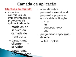 Camada de aplicação
Objetivos do capítulo:
• aspectos
conceituais, de
implementação de
protocolos de
aplicação de rede
– modelos de
serviço da
camada de
transporte
– paradigma
cliente- -
servidor
– paradigma
peer-to-peer
• aprenda sobre
protocolos examinando
protocolos populares
em nível de aplicação
– HTTP
– FTP
– SMTP/POP3/IMAP
– DNS
• programando aplicações
de rede
– API socket
 