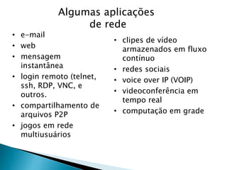 Algumas aplicações
de rede
• e-mail
• web
• mensagem
instantânea
• login remoto (telnet,
ssh, RDP, VNC, e
outros.
• compartilhamento de
arquivos P2P
• jogos em rede
multiusuários
• clipes de vídeo
armazenados em fluxo
contínuo
• redes sociais
• voice over IP (VOIP)
• videoconferência em
tempo real
• computação em grade
 