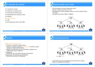5       A camada de enlace
                                                                           5       Interconexão com hubs
                                                                               • Hub de backbone interconecta segmentos de LAN
    • 5.1 Introdução e serviços
                                                                               • Estende a distância máxima entre os nós
    • 5.2 Detecção e correção de erros                                         • Mas domínios de colisão individuais tornam-se um único e grande domínio
    • 5.3 Protocolos de múltiplo acesso                                          de colisão
    • 5.4 Endereçamento da camada de enlace                                    • Não pode interconectar 10BaseT e 100BaseT

    • 5.5 Ethernet
    • 5.6 Hubs e switches
    • 5.7 PPP
    • 5.8 Virtualização de enlace: ATM e MPLS




© 2005 by Pearson Education               5 - 41                           © 2005 by Pearson Education              5 - 42




5       Switch
                                                                           5       Encaminhamento

    • Dispositivo de camada de enlace
      • Armazena e encaminha quadros Ethernet
      • Examina o cabeçalho do quadro e seletivamente encaminha o quadro
        baseado no endereço MAC de destino
      • Quando um quadro está para ser encaminhado no segmento, usa
        CSMA/CD para acessar o segmento
    • Transparente
      • Hospedeiros são inconscientes da presença dos switches
    • Plug-and-play, self-learning (auto-aprendizado)
      • Switches não precisam ser configurados



                                                                               • Como determinar para qual segmento da LAN encaminhar o quadro?
                                                                               • Parece um problema de roteamento...

© 2005 by Pearson Education               5 - 43                           © 2005 by Pearson Education              5 - 44
 