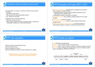 5        Controle de enlace de dados ponto-a-ponto
                                                                              5        PPP Requisitos de Projeto [RFC 1557]

                                                                                  • Enquadramento de pacote: encapsulamento do datagrama da camada de
     • Um transmissor, um receptor, um enlace: mais fácil do que enlace de          rede no quadro da camada de enlace
       broadcast:                                                                   • Transporta dados da camada de rede de qualquer protocolo de rede
       • Sem Media Access Control                                                      (não apenas o IP) ao mesmo tempo
       • Não necessita de endereçamento MAC explícito                               • Capacidade de separar os protocolos na recepção
       • Ex.: dialup link, linha ISDN                                             • Transparência de bits: deve transportar qualquer padrão de bit no campo
                                                                                    de dados
     • Protocolos ponto-a-ponto DLC populares:
                                                                                  • Detecção de erros (mas não correção)
       • PPP (point-to-point protocol)
                                                                                  • Gerenciamento da conexão: detecta e informa falhas do enlace para a
       • HDLC: High level data link control (camada de enlace costumava ser
                                                                                    camada de rede
         considerada “camada alta” na pilha de protocolos!)
                                                                                  • Negociação de endereço da camada de rede: os pontos terminais do
                                                                                    enlace podem aprender e configurar o endereço de rede dos outros




© 2005 by Pearson Education                5 - 49                             © 2005 by Pearson Education                5 - 50




5        PPP não requisitos
                                                                              5        PPP formato do quadro

                                                                                  •   Flag: delimitador (enquadramento)
                                                                                  •   Endereço: não tem função (apenas uma opção futura)
    •   Não há correção nem recuperação de erros
                                                                                  •   Controle: não tem função; no futuro, é possível ter múltiplos campos de controle
    •   Não há controle de fluxo
                                                                                  •   Protocolo: indica o protocolo da camada superior ao qual o conteúdo do quadro
    •   Aceita entregas fora de ordem
                                                                                      deve ser entregue (ex.: PPP-LCP, IP, IPCP etc.)
    •   Não há necessidade de suportar enlaces multiponto (ex., polling)



              Recuperação de erros, controle de fluxo, reordenação dos
                dados são todos relegados para as camadas mais altas!




© 2005 by Pearson Education                5 - 51                             © 2005 by Pearson Education                5 - 52
 
