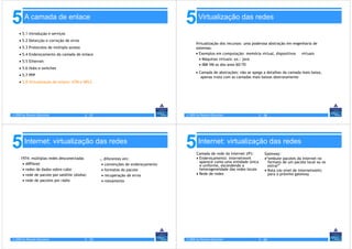 5       A camada de enlace
                                                                                    5       Virtualização das redes

    • 5.1 Introdução e serviços
    • 5.2 Detecção e correção de erros
                                                                                          Virtualização dos recursos: uma poderosa abstração em engenharia de
    • 5.3 Protocolos de múltiplo acesso                                                   sistemas:
    • 5.4 Endereçamento da camada de enlace                                               • Exemplos em computação: memória virtual, dispositivos   virtuais
                                                                                            • Máquinas virtuais: ex.: java
    • 5.5 Ethernet
                                                                                            • IBM VM os dos anos 60/70
    • 5.6 Hubs e switches
                                                                                          • Camada de abstrações: não se apega a detalhes da camada mais baixa,
    • 5.7 PPP
                                                                                             apenas trata com as camadas mais baixas abstratamente
    • 5.8 Virtualização de enlace: ATM e MPLS




© 2005 by Pearson Education               5 - 57                                    © 2005 by Pearson Education                 5 - 58




5       Internet: virtualização das redes
                                                                                    5       Internet: virtualização das redes
                                                                                           Camada de rede da Internet (IP):         Gateway:
     1974: múltiplas redes desconectadas           … diferentes em:                        • Endereçamento: internetwork            •“embute pacotes da Internet no
                                                                                             aparece como uma entidade única          formato de um pacote local ou os
      • ARPAnet                                     • convenções de endereçamento            e uniforme, escondendo a                 extrai”
      • redes de dados-sobre-cabo                   • formatos do pacote                     heterogeneidade das redes locais       • Rota (no nível de internetwork)
      • rede de pacote por satélite (Aloha)         • recuperação de erros                 • Rede de redes                            para o próximo gateway
      • rede de pacotes por rádio                   • roteamento




© 2005 by Pearson Education               5 - 59                                    © 2005 by Pearson Education                 5 - 60
 