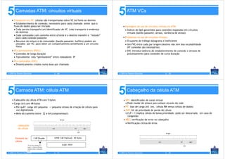 5       Camadas ATM: circuitos virtuais
    • Transporte em VC: células são transportadas sobre VC da fonte ao destino
                                                                                   5       ATM VCs

      • Estabelecimento de conexão, necessário para cada chamada antes que o
      fluxo de dados possa ser iniciado                                                • Vantagens do uso de circuitos virtuais no ATM:
      • Cada pacote transporta um identificador de VC (não transporta o endereço         • Índices de QoS garantidos para conexões mapeadas em circuitos
        do destino)                                                                        virtuais (banda passante, atraso, variância de atraso)
      • Cada comutador com caminho entre a fonte e o destino mantém o “estado”
        para cada conexão passante                                                     • Problemas no uso de circuitos virtuais:
      • Recursos do enlace e do comutador (banda passante, buffers) podem ser            • O suporte de tráfego datagrama é ineficiente
        alocados por VC: para obter um comportamento semelhante a um circuito            • Um PVC entre cada par origem/destino não tem boa escalabilidade
        físico                                                                             (N2 conexões são necessárias)
    • VCs permanentes (PVCs)                                                             • SVC introduz latência de estabelecimento de conexão e atrasos de
      • Conexões de longa duração                                                          processamento para conexões de curta duração
      • Tipicamente: rota “permanente” entre roteadores IP
    • VCs comutados (SVC):
      • Dinamicamente criados numa base por chamada


© 2005 by Pearson Education                   5 - 69                               © 2005 by Pearson Education             5 - 70




5       Camada ATM: célula ATM
                                                                                   5       Cabeçalho da célula ATM
    • Cabeçalho da célula ATM com 5 bytes                                              • VCI: identificador de canal virtual
    • Carga útil com 48-bytes                                                            • Pode mudar de enlace para enlace através da rede
      • Por quê?: carga útil pequena -> pequeno atraso de criação de célula para       • PT: tipo de carga útil (ex.: célula RM versus célula de dados)
        voz digitalizada                                                               • CLP: bit de prioridade de perda de célula
      • Meio do caminho entre 32 e 64 (compromisso!)                                     • CLP = 1 implica célula de baixa prioridade; pode ser descartada em caso de
                                                                                           congestão
                                                                                       • HEC: verificação de erros no cabeçalho
                                                                                         • Verificação cíclica de erros
           cabeçalho
           da célula



        formato da
        célula
                      3o bit no campo PT;
                      valor 1 indica última
                      célula (AAL-indicate
                      bit)
© 2005 by Pearson Education                   5 - 71                               © 2005 by Pearson Education             5 - 72
 