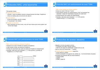 5       Protocolos MAC: uma taxonomia
                                                                                        5       Protocolos MAC com particionamento de canal: TDMA


                                                                                              TDMA: acesso múltiplo por divisão temporal
       Três grandes classes:                                                                  • Acesso ao canal é feito por ”turnos"
       • Particionamento de canal                                                             • Cada estação controla um compartimento (“slot”) de tamanho fixo
         • Divide o canal em pedaços menores (compartimentos de tempo, freqüência)              (tamanho = tempo de transmissão de pacote) em cada turno
         • Aloca um pedaço para uso exclusivo de cada nó                                      • Compartimentos não usados são desperdiçados
                                                                                              • Exemplo: rede local com 6 estações: 1, 3, 4 têm pacotes,
       • Acesso aleatório                                                                       compartimentos 2, 5, 6 ficam vazios
         • Canal não dividido, permite colisões
         • “recuperação” das colisões
       • Passagem de permissão
         • Nós transmitem nos seus turnos, mas com mais volume para enviar podem usar
           turnos mais longos




© 2005 by Pearson Education                          5 - 13                             © 2005 by Pearson Education               5 - 14




5       Protocolos MAC com particionamento de canal: FDMA
                                                                                        5       Protocolos de acesso aleatório

      FDMA: acesso múltiplo por divisão de freqüência
      • Oespectro do canal é dividido em bandas de freqüência                                • Quando o nó tem um pacote a enviar:
                                                                                               • Transmite com toda a taxa do canal R.
      • Cada estação recebe uma banda de freqüência                                            • Não há uma regra de coordenação a priori entre os nós
      • Tempo de transmissão não usado nas bandas de freqüência é desperdiçado               • Dois ou mais nós transmitindo -> “colisão”,
      • Exemplo: rede local com 6 estações: 1, 3, 4 têm pacotes, as bandas de
        freqüência 2, 5, 6 ficam vazias                                                      • Protocolo MAC de acesso aleatório especifica:
                                                                                               • Como detectar colisões
                                                                                               • Como as estações se recuperam das colisões (ex., via retransmissões atrasadas)
                                                                                             • Exemplos de protocolos MAC de acesso aleatório:
                              bandas de freqüência




                                                                                               • slotted ALOHA
                                                                                               • ALOHA
                                                                                               • CSMA e CSMA/CD




© 2005 by Pearson Education                          5 - 15                             © 2005 by Pearson Education               5 - 16
 
