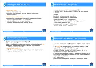 5       Endereços de LAN e ARP
                                                                                     5       Endereços de LAN (mais)

      Endereços IP de 32-bit:                                                             • A alocação de endereços MAC é administrada pelo IEEE
      • Endereços da camada de rede                                                       • O fabricante compra porções do espaço de endereço MAC (para assegurar
                                                                                            a unicidade)
      • Usados para levar o datagrama até a rede de destino (lembre-se da
        definição de rede IP)                                                             • Analogia:
                                                                                           (a) endereço MAC: semelhante ao número do RG
      Endereço de LAN (ou MAC ou físico):
                                                                                           (b) endereço IP: semelhante a um endereço postal
      • Usado para levar o datagrama de uma interface física a outra fisicamente
        conectada com a primeira (isto é, na mesma rede)                                  • Endereçamento MAC é “flat” => portabilidade
      • Endereços MAC com 48 bits (na maioria das LANs)                                     • É possível mover uma placa de LAN de uma rede para outra sem
        gravados na memória fixa (ROM) do adaptador de rede                                   reconfiguração de endereço MAC
                                                                                          • Endereçamento IP “hierárquico” => NÃO portável
                                                                                            • Depende da rede na qual se está ligado




© 2005 by Pearson Education              5 - 25                                      © 2005 by Pearson Education              5 - 26




5       ARP: Address Resolution Protocol
        (Protocolo de resolução de endereços)
       Questão: como determinar o endereço MAC de B
                                                                                     5       Protocolo ARP: Mesma LAN (network)

       dado o endereço IP de B?
       • Cada nó IP (hospedeiro, roteador) numa LAN tem um módulo e uma tabela ARP       • A que enviar um datagrama para B, e o endereço MAS de B não está na tabela
       • Tabela ARP: mapeamento de endereços IP/MAC para alguns nós da LAN                 ARP de A
         < endereço IP; endereço MAC; TTL>                                               • A faz broadcast de pacote de consulta ARB, contendo o endereço IP de B
                                                                                           • end. MAC de destino = FF-FF-FF-FF-FF-FF
       < IP address; MAC address; TTL>                                                     • todas as máquinas na LAN recebem a consulta ARP
         • TTL (Time To Live): tempo depois do qual o mapeamento de endereços será
                                                                                         • B recebe o pacote ARP, responde para A com seu endereço MAC (de B).
           esquecido (tipicamente 20 min)
                                                                                           • Quadro enviado para o end. MAC de A (unicast)
                                                                                         • A faz um cache (salva) o par de endereços IP para MAC em sua tabela ARP até
                                                                                           que a informação se torne antiga (expirada) soft state: informação que expira
                                                                                           (é descartada) sem atualização
                                                                                         • ARP é “plug-and-play”:
                                                                                           • Nós criam suas tabelas ARP sem intervenção do administrador da rede




© 2005 by Pearson Education              5 - 27                                      © 2005 by Pearson Education              5 - 28
 