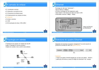 5       A camada de enlace
                                                         5       Ethernet
                                                                Tecnologia de rede local “dominante” :
    • 5.1 Introdução e serviços                                 • Barato R$20 por 100Mbps!
    • 5.2 Detecção e correção de erros                          • Primeira tecnologia de LAN largamente usada
    • 5.3 Protocolos de múltiplo acesso                         • Mais simples e mais barata que LANs com token e ATM
                                                                • Velocidade crescente: 10Mbps – 10Gbps
    • 5.4 Endereçamento da camada de enlace
    • 5.5 Ethernet
    • 5.6 Hubs e switches
    • 5.7 PPP
    • 5.8 Virtualização de enlace: ATM e MPLS


                                                                                                                        esboço da Ethernet
                                                                                                                        por Bob Metcalf


© 2005 by Pearson Education               5 - 29         © 2005 by Pearson Education              5 - 30




5       Topologia em estrela
     • Topologia de bus popular em meados dos anos 90
                                                         5       Estrutura do quadro Ethernet
                                                                Adaptador do transmissor encapsula o datagrama IP (ou outro pacote de
     • Agora a topologia em estrela prevalece                   protocolo da camada de rede) num quadro Ethernet
     • Opções de conexão: hub ou switch (mais adiante)




                                                                Preâmbulo:
                                                                • 7 bytes com padrão 10101010 seguido por um byte com padrão 10101011
                                                                • usado para sincronizar as taxas de relógio do transmissor e do receptor




© 2005 by Pearson Education               5 - 31         © 2005 by Pearson Education              5 - 32
 