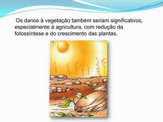     Os danos à vegetação também seriam significativos, especialmente à agricultura, com redução da fotossíntese e do crescimento das plantas.