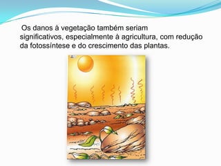     Os danos à vegetação também seriam significativos, especialmente à agricultura, com redução da fotossíntese e do crescimento das plantas.