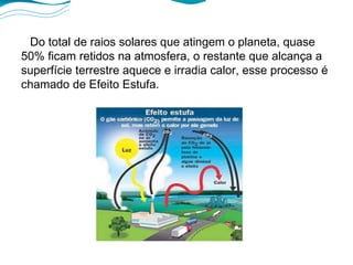 Do total de raios solares que atingem o planeta, quase 50% ficam retidos na atmosfera, o restante que alcança a superfície terrestre aquece e irradia calor, esse processo é chamado de Efeito Estufa. 