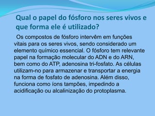Qual o papel do fósforo nos seres vivos e que forma ele é utilizado?Os compostos de fósforo intervêm em funções vitais para os seres vivos, sendo considerado um elemento químico essencial. O fósforo tem relevante papel na formação molecular do ADN e do ARN, bem como do ATP, adenosina tri-fosfato. As células utilizam-no para armazenar e transportar a energia na forma de fosfato de adenosina. Além disso, funciona como íons tampões, impedindo a acidificação ou alcalinização do protoplasma.