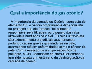 Qual a importância do gás ozônio?      A importância da camada de Ozônio (composta do elemento O3, o ozônio propriamente dito) consiste na proteção que ela fornece. Tal camada é responsável pela filtragem ou bloqueio dos raios ultravioleta irradiados pelo Sol. Os raios ultravioleta são extremamente prejudiciais aos humanos, podendo causar graves queimaduras na pele, acarretando até em enfermidades como o câncer de pele. Com a emissão de um tipo específico de poluente, o CFC (composto de cloro-flúor-carbono), tem sido notado um fenômeno de desintegração da camada de ozônio. 