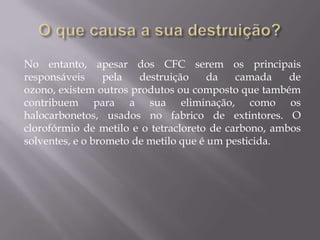 No entanto, apesar dos CFC serem os principais
responsáveis     pela   destruição     da   camada    de
ozono, existem outros produtos ou composto que também
contribuem para a sua eliminação, como os
halocarbonetos, usados no fabrico de extintores. O
clorofórmio de metilo e o tetracloreto de carbono, ambos
solventes, e o brometo de metilo que é um pesticida.
 
