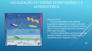 LOCALIZAÇÃO DO OZONO ESTRATOSFÉRICO E
ASTENOSFÉRICO
Tipos de ozono:
• O ozono troposférico que pode ser
prejudicial á respiração dos seres vivos pois
está relativamente perto da superfície da terra;
Tem um cheiro característico que é possível
sentir após trovoadas.
• O ozono estratosférico que funciona como
camada protetora contra as radiações UV,
impedindo-as de chegarem a terra.
 