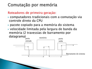 Comutação por memória
Roteadores de primeira geração:
 computadores tradicionais com a comutação via
controle direto da CPU
 pacote copiado para a memória do sistema
 velocidade limitada pela largura de banda da
memória (2 travessias de barramento por
datagrama)
porta
entrada
porta
saída
memória
Barramento do sistema
 
