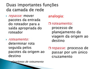 Duas importantes funções
da camada de rede
 repasse: mover
pacotes da entrada
do roteador para a
saída apropriada do
roteador
 roteamento:
determinar rota
seguida pelos
pacotes da origem ao
destino
◦ algoritmos de roteamento
analogia:
 roteamento:
processo de
planejamento da
viagem da origem ao
destino
 repasse: processo de
passar por um único
cruzamento
 