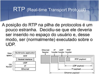 RTP (Real-time Transport Protocol)

A posição do RTP na pilha de protocolos é um
  pouco estranha. Decidiu-se que ele deveria
  ser inserido no espaço do usuário e, desse
  modo, ser (normalmente) executado sobre o
  UDP.
 