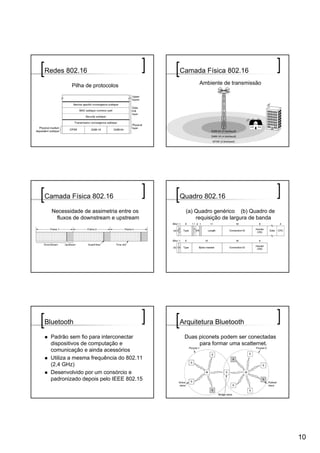 Redes 802.16                            Camada Física 802.16

         Pilha de protocolos                  Ambiente de transmissão




Camada Física 802.16                    Quadro 802.16

  Necessidade de assimetria entre os     (a) Quadro genérico (b) Quadro de
   fluxos de downstream e upstream           requisição de largura de banda




Bluetooth                               Arquitetura Bluetooth

 Padrão sem fio para interconectar       Duas piconets podem ser conectadas
 dispositivos de computação e                 para formar uma scatternet.
 comunicação e ainda acessórios
 Utiliza a mesma frequência do 802.11
 (2,4 GHz)
 Desenvolvido por um consórcio e
 padronizado depois pelo IEEE 802.15




                                                                              10
 