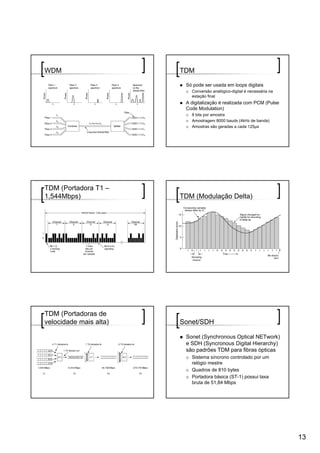 WDM                                 TDM

                                     Só pode ser usada em loops digitais
                                       Conversão analógico-digital é necessária na
                                       estação final
                                     A digitalização é realizada com PCM (Pulse
                                     Code Modulation)
                                       8 bits por amostra
                                       Amostragem 8000 bauds (4kHz de banda)
                                       Amostras são geradas a cada 125μs




TDM (Portadora T1 –
1,544Mbps)                          TDM (Modulação Delta)

                                                Delta modulation.

     The T1 carrier (1.544 Mbps).




TDM (Portadoras de
velocidade mais alta)               Sonet/SDH

                                     Sonet (Synchronous Optical NETwork)
                                     e SDH (Syncronous Digital Hierarchy)
                                     são padrões TDM para fibras ópticas
                                       Sistema síncrono controlado por um
                                       relógio mestre
                                       Quadros de 810 bytes
                                       Portadora básica (ST-1) possui taxa
                                       bruta de 51,84 Mbps




                                                                                     13
 