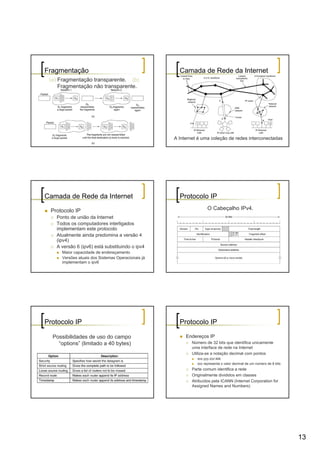 Fragmentação                                          Camada de Rede da Internet
 (a) Fragmentação transparente. (b)
     Fragmentação não transparente.




                                                    A Internet é uma coleção de redes interconectadas




Camada de Rede da Internet                            Protocolo IP

  Protocolo IP                                                      O Cabeçalho IPv4.
    Ponto de união da Internet
    Todos os computadores interligados
    implementam este protocolo
    Atualmente ainda predomina a versão 4
    (ipv4)
    A versão 6 (ipv6) está substituindo o ipv4
      Maior capacidade de endereçamento
      Versões atuais dos Sistemas Operacionais já
      implementam o ipv6




Protocolo IP                                          Protocolo IP

  Possibilidades de uso do campo                         Endereços IP
    “options” (limitado a 40 bytes)                         Número de 32 bits que identifica unicamente
                                                            uma interface de rede na Internet
                                                            Utiliza-se a notação decimal com pontos
                                                              xxx.yyy.zzz.kkk
                                                              xxx representa o valor decimal de um número de 8 bits
                                                            Parte comum identifica a rede
                                                            Originalmente divididos em classes
                                                            Atribuídos pela ICANN (Internet Corporation for
                                                            Assigned Names and Numbers)




                                                                                                                      13
 
