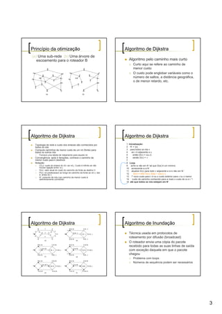 Princípio da otimização                                                 Algoritmo de Dijkstra
(a) Uma sub-rede (b) Uma árvore de
   escoamento para o roteador B                                           Algoritmo pelo caminho mais curto
                                                                              Curto aqui se refere ao caminho de
                                                                              menor custo
                                                                              O custo pode englobar variáveis como o
                                                                              número de saltos, a distância geográfica,
                                                                              o de menor retardo, etc.




Algoritmo de Dijkstra                                                   Algoritmo de Dijkstra
  Topologia de rede e custo dos enlaces são conhecidos por              1 Inicialização:
  todos os nós                                                          2 N’ = {u}
  Computa caminhos de menor custo de um nó (fonte) para                 3 para todos os nós v
  todos os outros nós                                                   4    se v é adjacente a u
     Fornece uma tabela de roteamento para aquele nó                    5     então D(v) = c(u,v)
  Convergência: após k iterações, conhece o caminho de                  6     senão D(v) = ∞
  menor custo para k destinos                                           7
  Notação:                                                              8 Loop
     C(i,j): custo do enlace do nó i ao nó j. Custo é infinito se não   9 ache w não em N’ tal que D(w) é um mínimo
     houver ligação entre i e j                                         10 acrescente w a N’
     D(v): valor atual do custo do caminho da fonte ao destino V        11 atualize D(v) para todo v adjacente a w e não em N’:
     P(v): nó predecessor ao longo do caminho da fonte ao nó v, isto    12     D(v) = min( D(v), D(w) + c(w,v) )
     é, antes do v
     N’: conjunto de nós cujo caminho de menor custo é                  13 /* novo custo para v é ou o custo anterior para v ou o menor
     definitivamente conhecido                                          14 custo de caminho conhecido para w mais o custo de w a v */
                                                                        15 até que todos os nós estejam em N’




Algoritmo de Dijkstra                                                   Algoritmo de Inundação

                                                                          Técnica usada em protocolos de
                                                                          roteamento por difusão (broadcast)
                                                                          O roteador envia uma cópia do pacote
                                                                          recebido para todas as suas linhas de saída
                                                                          com exceção daquela em que o pacote
                                                                          chegou
                                                                              Problema com loops
                                                                              Números de sequência podem ser necessários




                                                                                                                                          3
 