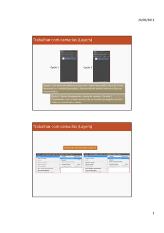 24/09/2018
3
Trabalhar com camadas (Layers)
Opção 1: Cor de fundo branco ou outra cor – nome da camada: Plano de Fundo
Apresenta um cadeado (protegido), não permitindo alterar nenhuma das suas
características.
Opção 1 Opção 2
Opção 2: Fundo transparente – nome da camada: Camada 1.
Considerada uma camada normal, não se encontra protegida e contém
Todas as características ativas.
Trabalhar com camadas (Layers)
Conversão de Camadas (Layers)
 