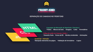 SEPARAÇÃO DE CAMADAS NO FRONT-END
Linguagem de Marcação de Hipertexto ( Estrutura )
•Títulos •Blocos de texto •Imagens •Links •Formulários
Folhas de estilo em Cascata ( Estilo )
•Tamanho fonte •Cores de BG •Bordas arredondas •Animações
JavaScript - Interação
•Manipular elementos da página •Validação de formulários •Lógica
 