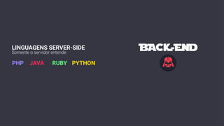 LINGUAGENS SERVER-SIDE
PHP JAVA RUBY PYTHON
Somente o servidor entende
 