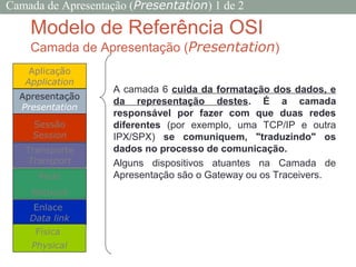 Modelo de Referência OSI
Camada de Apresentação (Presentation)
A camada 6 cuida da formatação dos dados, e
da representação destes. É a camada
responsável por fazer com que duas redes
diferentes (por exemplo, uma TCP/IP e outra
IPX/SPX) se comuniquem, "traduzindo" os
dados no processo de comunicação.
Alguns dispositivos atuantes na Camada de
Apresentação são o Gateway ou os Traceivers.
Aplicação
Application
Transporte
Transport
Rede
Network
Enlace
Data link
Apresentação
Presentation
Física
Physical
Sessão
Session
Camada de Apresentação (Presentation) 1 de 2
www.ticmania.net
 