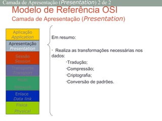 Modelo de Referência OSI
Camada de Apresentação (Presentation)
Em resumo:
• Realiza as transformações necessárias nos
dados:
•Tradução;
•Compressão;
•Criptografia;
•Conversão de padrões.
Aplicação
Application
Transporte
Transport
Rede
Network
Enlace
Data link
Apresentação
Presentation
Física
Physical
Sessão
Session
Camada de Apresentação (Presentation) 2 de 2
www.ticmania.net
 