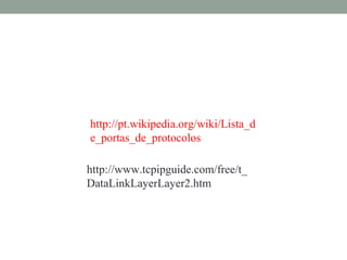 http://pt.wikipedia.org/wiki/Lista_d
e_portas_de_protocolos
http://www.tcpipguide.com/free/t_
DataLinkLayerLayer2.htm
www.ticmania.net
 
