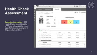 Health Check
Assessment
Exception Information – IBM
Health Checks consolidated by
LPAR and categorized by owner,
type of check, and severity level
(high, medium, and low)
18
 