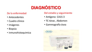 DIAGNÓSTICO
De la enfermedad
• Antecedentes
• Cuadro clínico
• Imágenes
• Biopsia
• inmunohistoquimica
Del estadio y seguimiento
• Antígeno CA15 3
• TC tórax , Abdomen
• Gammagrafía ósea
 