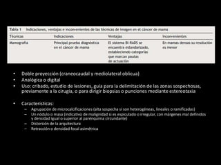 • Doble proyección (craneocaudal y mediolateral oblicua)
• Analógica o digital
• Uso: cribado, estudio de lesiones, guía para la delimitación de las zonas sospechosas,
previamente a la cirugía, o para dirigir biopsias o punciones mediante estereotaxia
• Caracteristicas:
– Agrupación de microcalcificaciones (alta sospecha si son heterogéneas, lineales o ramificadas)
– Un nódulo o masa (indicativo de malignidad si es espiculado o irregular, con márgenes mal definidos
y densidad igual o superior al parénquima circundante)
– Distorsión de la arquitectura
– Retracción o densidad focal asimétrica
 