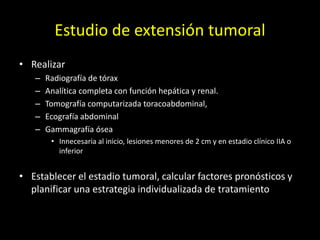Estudio de extensión tumoral
• Realizar
– Radiografía de tórax
– Analítica completa con función hepática y renal.
– Tomografía computarizada toracoabdominal,
– Ecografía abdominal
– Gammagrafía ósea
• Innecesaria al inicio, lesiones menores de 2 cm y en estadio clínico IIA o
inferior
• Establecer el estadio tumoral, calcular factores pronósticos y
planificar una estrategia individualizada de tratamiento
 