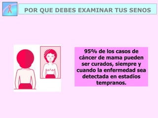 POR QUE DEBES EXAMINAR TUS SENOS
95% de los casos de
cáncer de mama pueden
ser curados, siempre y
cuando la enfermedad sea
detectada en estadíos
tempranos.
 