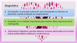 ● Ductografía: La principal indicación para ductografía es telorrea, en
particular cuando el líquido es sanguinolento
● Ecografía: es un método importante para resolver datos equívocos de la
mamografía.
● Resonancia magnética: permite detectar tumores adicionales en la mama
índice (enfermedad multifocal o multicéntrica)
 