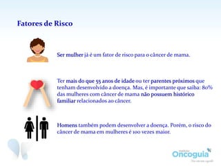 Fatores de Risco
Ser mulher já é um fator de risco para o câncer de mama.
Ter mais do que 55 anos de idade ou ter parentes próximos que
tenham desenvolvido a doença. Mas, é importante que saiba: 80%
das mulheres com câncer de mama não possuem histórico
familiar relacionados ao câncer.
Homens também podem desenvolver a doença. Porém, o risco do
câncer de mama em mulheres é 100 vezes maior.
 