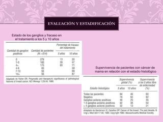 Evaluación y estadificación Estado de los ganglios y fracaso en el tratamiento a los 5 y 10 añosSupervivencia de pacientes con cáncer de mama en relación con el estadio histológico