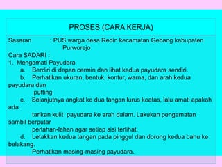 PROSES (CARA KERJA)
Sasaran : PUS warga desa Redin kecamatan Gebang kabupaten
Purworejo
Cara SADARI :
1. Mengamati Payudara
a. Berdiri di depan cermin dan lihat kedua payudara sendiri.
b. Perhatikan ukuran, bentuk, kontur, warna, dan arah kedua
payudara dan
putting
c. Selanjutnya angkat ke dua tangan lurus keatas, lalu amati apakah
ada
tarikan kulit payudara ke arah dalam. Lakukan pengamatan
sambil berputar
perlahan-lahan agar setiap sisi terlihat.
d. Letakkan kedua tangan pada pinggul dan dorong kedua bahu ke
belakang.
Perhatikan masing-masing payudara.
 