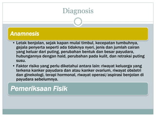 Diagnosis
Anamnesis
• Letak benjolan, sejak kapan mulai timbul, kecepatan tumbuhnya,
gejala penyerta seperti ada tidaknya nyeri, jenis dan jumlah cairan
yang keluar dari puting, perubahan bentuk dan besar payudara,
hubungannya dengan haid, perubahan pada kulit, dan retraksi puting
susu.
• Faktor risiko yang perlu diketahui antara lain: riwayat keluarga yang
terkena kanker payudara dan atau kanker ovarium, riwayat obstetri
dan ginekologi, terapi hormonal, riwayat operasi/aspirasi benjolan di
payudara sebelumnya.
Pemeriksaan Fisik
 